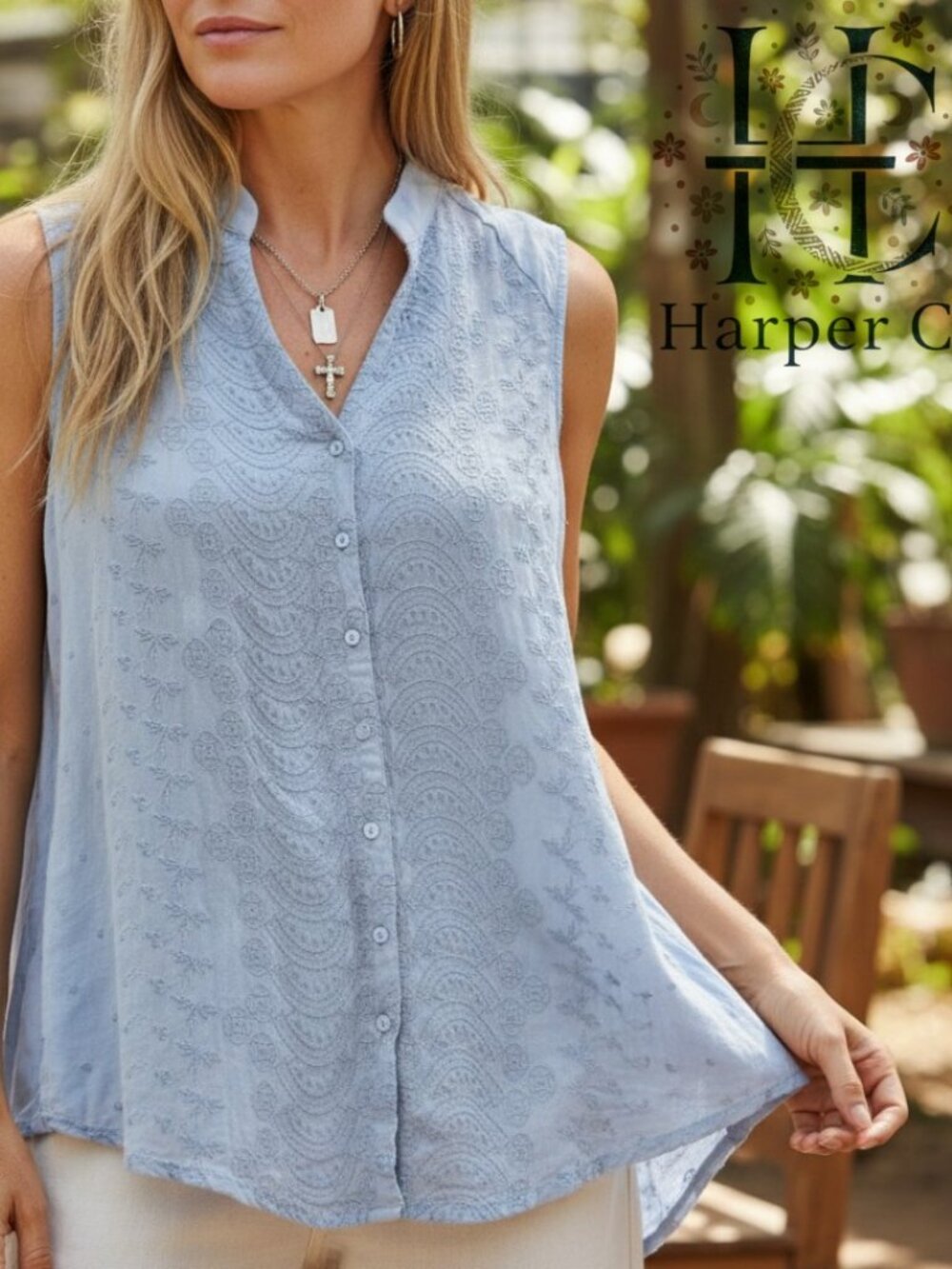 Tiny - Blue Boho Embroidered Hi-Low Sleeveless Blouse Medium